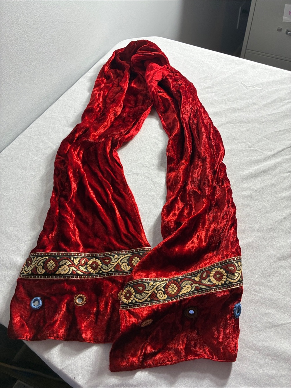 Red Crushed Velvet Scarf Indian Mirror Work Pirate Renaissance Boho Wrap